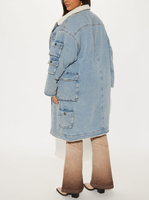 Manteau long en fourrure pour femme, veste en jean délavé, tissu respirant, réversible, écologique, 100 % coton, style vintage