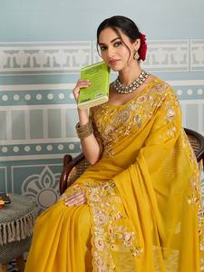 Sari/Sari/Shari indien traditionnel en georgette Foux, décontracté, séchage rapide, travail de sequins, pour femmes, toutes saisons, mariage - Product Image 3