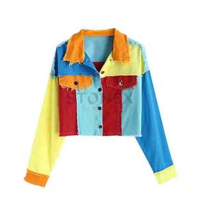 Chaquetas vaqueras personalizadas para mujer, chaqueta vaquera deshilachado recortada con bloque de color, abrigo corto informal para mujer - Product Image 1