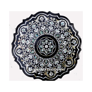 Handicrafts Items Latest Design Handmade Giveaway Product Black Marble <b>White</b> Mother of Pearl Inlay Work <b>Round</b> Shaped <b>Table</b> Tops - Product Image 1