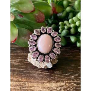 Southwest Handmade Rose Quartz & Amethyst <b>Sterling</b> <b>Silver</b> Cluster <b>Ring</b> <b>Adjustable</b> Size 8 - Product Image 1