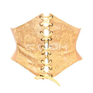 Ceinture corset beige en satin à lacets sur le devant avec superposition de dentelle florale - Product Image 1