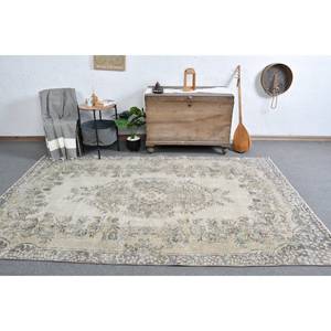 Alfombra turca Vintage clásica Beige gris 5,5X9,3 pies, diseño de retazos hecho a mano, lana, seda de bambú, Material, respaldo de látex para la vida - Product Image 1
