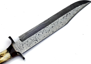 Vente en gros de couteau de chasse Bowie fait main en acier damas avec manche en bois gaine en cuir fin - Product Image 3