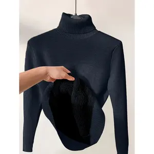 Pull-over décontracté à col roulé uni pour femme, haut thermique à manches longues pour l'automne et l'hiver avec logo frontal, épaisseur fine - Product Image 6