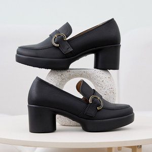 [JSHOE] Chaussures à talons compensés en cuir véritable pour femmes, mocassins confortables à enfiler, bout rond, chaussures habillées, cuir de vache souple, talons mi-hauts - Product Image 5