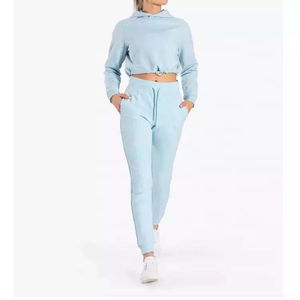 Femmes à la mode de haute qualité 100% coton polaire à manches longues goutte épaule haut court à capuche Logo personnalisé hiver automne à capuche - Product Image 3