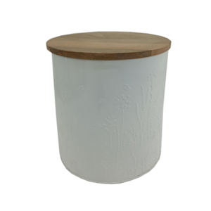 Hot Selling Kitchen Storage Iron Round <b>Box</b> <b>With</b> <b>Wooden</b> <b>Lid</b> Coffee Embossed White and Natural Colour <b>Large</b> Size Metal Boxes - Product Image 2