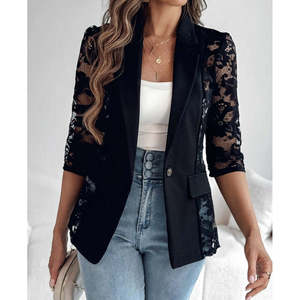 Veste en satin à manches longues pour femme, avec poignets Truvakar, boutonnée sur le devant, avec poches et dentelle, 29840 - Noir - Product Image 1
