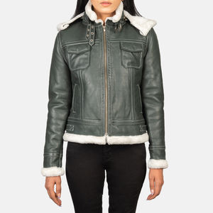 High Quality Fiona Green Hooded Shearling Leather <b>Jacket</b> Warm Thicken Outerwear Plus Size <b>Fur</b> Leather <b>Denim</b> <b>Jacket</b> for <b>Women</b> - Product Image 1