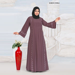 Pleated <b>Abaya</b> with Floral Motifs For Women - Product Image 1
