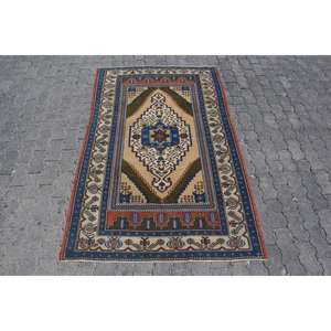 4x6.4 ft Vintage Rug, Turkish Area Rug, Blue <b>Brown</b> Oriental <b>Wool</b> Rug - Product Image 1
