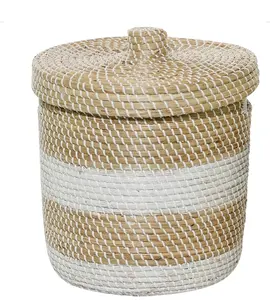 Wholesaler High quality best selling eco-friendly Set of Round Seagrass wicker basket with color line around from Vietnam