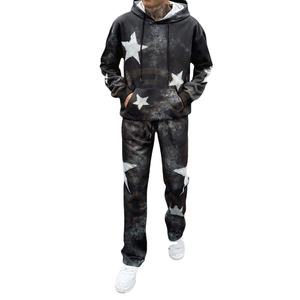 Conjunto de sudaderas con capucha y Pantalones rectos con cordón y bolsillo canguro informal para hombre al por mayor, teñido anudado estampado de estrellas, respetuoso con el medio ambiente - Product Image 1