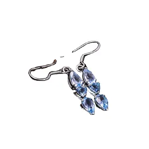 92.5 Sterling Silver 3.5 Gram Earring 1.7 "Long Natural Blue Topaz Gemstone Faceted Multi Shape Handmade Jewelry