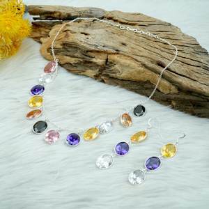 ชุดสร้อยคอและต่างหูเพทายหลากสีเงินสเตอร์ลิง925และชุดต่างหูอัญมณีเกล็ดหิมะเครื่องประดับของขวัญครบรอบสำหรับผู้หญิง - Product Image 1