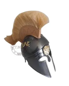 中世纪希腊科林斯装甲头盔，棕色羽状，由18号实心钢制成，是战争爱好者的最佳礼物