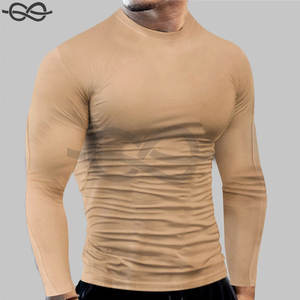 Mens Compression Long Sleeve Fitness Sports T Shirt Round Neck Solid <b>Tight</b> Elastic Bottoming Top Workout Athletic Beige - Product Image 3