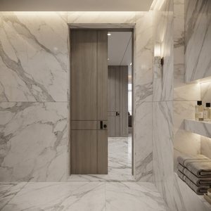 Puerta Interior Moderna Asimétrica de MDF Ranurado con Acabado Resistente al Agua en Grano de Madera Gris Claro para Sala de Estar - Product Image 2