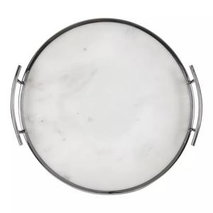 Plateau de Service Rond en Marbre Blanc avec Bordure Argentée et Poignée Élégant Accent de Table pour la Cuisine à Domicile et la Salle à Manger - Product Image 5