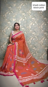 Sari de algodón Khadi Handloom con estampado de bloque tradicional amarillo granate ligero uso diario - Product Image 3