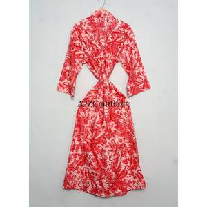 Bata de baño tipo kimono de lujo, 100% algodón, con estampado floral rojo a mano, estilo indio, para dormir, traje de baño, bata de estar por casa, verano/primavera - Product Image 6