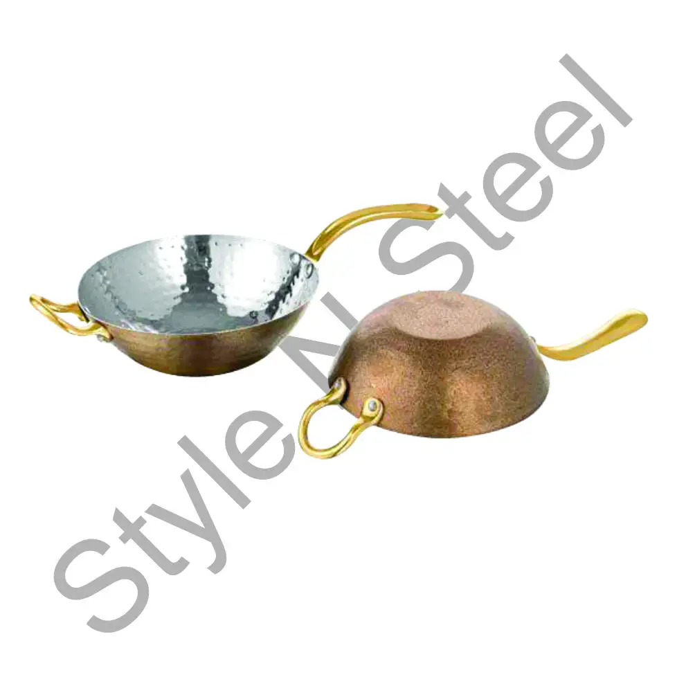 Poêle à Wok avec poignée en laiton de couleur or foncé, prix de gros, acier inoxydable à paroi unique martelée