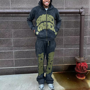 Unisex Winter Tracksuits 100% Cotton Reversible Eco-Friendly 2 Piece Sets <b>Zip</b>-Up <b>Hoodie</b> & Sweatpants Embroidery Washed - Product Image 3