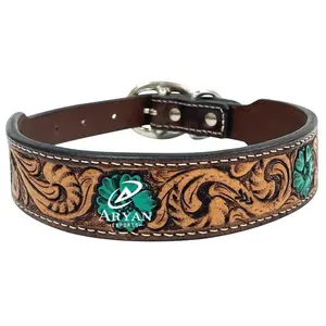Latest Hot Selling Floral Hand Tooled Leather Dog Collar For Pets Real Genuine Leather Padded Adjustable Accessory For Neck Belt