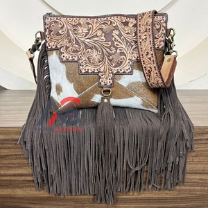 New Trending Designer Large Capacity Hand Tooled Leather Fringe Crossbody Bag Cowhide Zipper Shoulder Handbag Purses for Women's - Product Image 1