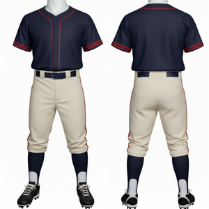 Ensemble uniforme de baseball professionnel bleu marine et crème, maillot à boutons complets avec passepoil contrasté et pantalon de sport à bande latérale assortie - Product Image 1