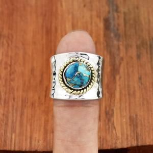 Bague Turquoise cuivre bleu 925 argent Sterling réglable Boho bague bande ouverte déclaration bijoux cadeau - Product Image 1