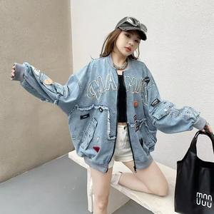 Women's Gothic Stylish Embroidery Baseball Jacket Customizable <b>Light</b> Wash Denim Outwear with Loose Fit for Winter - Product Image 2