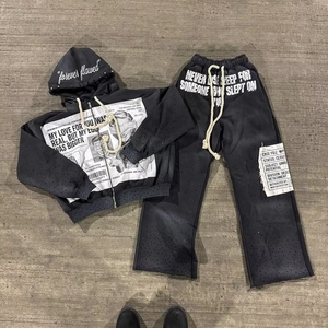 Conjunto Deportivo de Dos Piezas con Capucha, Estilo Vintage, Lavado Ácido, Transpirable, con Pedrería, Ropa de Calle, 100% Algodón Estampado - Product Image 4