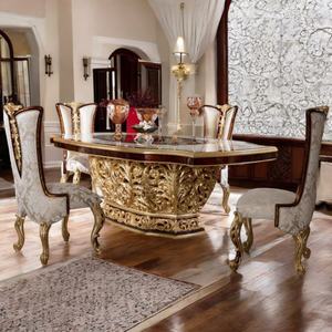 Ensemble de table à manger de luxe européen royal 5 pièces en bois d'acajou avec plateau en marbre et sculptures en feuille d'or, design moderne du milieu du siècle, pour la maison et l'hôtel - Product Image 5