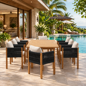 Juego de Mesa de Comedor de Madera de Teca Sólida para Exteriores, 8 Plazas, con Sillas con Brazos de Cuerda Tejida y Cojines, Muebles de Comedor para Patio y Jardín - Product Image 3