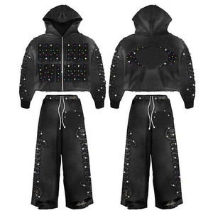Ensemble survêtement et sweat à capuche pour homme, coupe évasée, effet délavé à l'acide, poids lourd, broderie streetwear, strass, survêtement court - Product Image 2