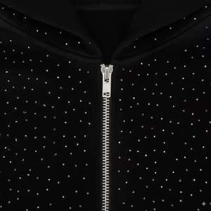 Venta al por mayor de alta calidad de algodón orgánico de peso pesado recortado Hip Hop Zip up Rhinestone Crystal French Terry Hoodie - Product Image 3