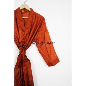 Robe kimono en soie indienne faite à la main, col en V, fermeture à cordon, design patchwork, manches longues, respirante, pour femmes, toutes saisons - Product Image 3