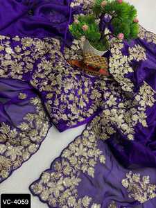 ผ้าซารีจอร์เจตต์ปักลายหนักสไตล์อินเดียและปากีสถาน สำหรับงานแต่งงานและงานเทศกาล  ผ้าซารีแฟนซีพร้อมเสื้อ - Product Image 5