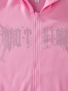 Sudadera con capucha y cremallera rosa con diamantes de imitación 480GSM Heavyweight 100% algodón polar ropa de calle de gran tamaño con cremallera completa logotipo personalizado al por mayor - Product Image 3