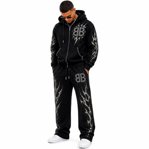 Manufacturer Streetwear Custom Vintage French Terry Full Length Acid Wash Distressed Rhinestone Lightweight Unisex Winter Hooded - Product Image 3