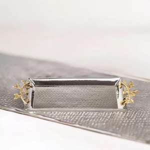 Bandejas para servir chocolate plateado martillado niquelado elegante de lujo de Venta caliente con mango de hoja de oro - Product Image 5