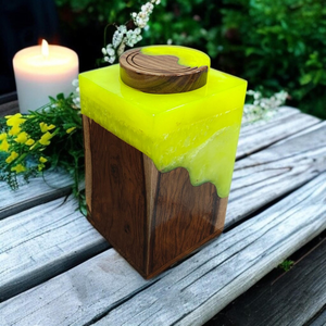 Urna de cremación de resina amarilla neón y madera hecha a mano, recuerdo conmemorativo moderno, urnas de cremación para mascotas y humanos - Product Image 6