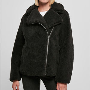 Veste moto en polaire noire pour femme, fermeture éclair asymétrique, vêtement d'extérieur en sherpa, manches longues, chaude, douce, élégante, décontractée, mode automne-hiver - Product Image 3