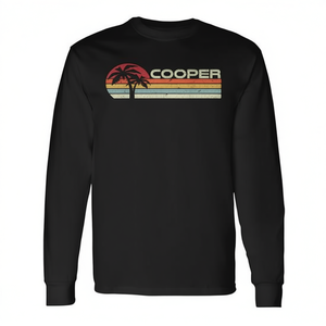 T-shirt a maniche lunghe Cooper Surname Vintage Sunset con palme, stile anni '80 e '90, per promozioni - Product Image 2