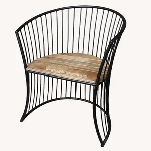 Industrial Iron Mess Wire Outdoor Garden Chair with Mango Wooden Top Indian Hotel and Restaurant Furniture Supplier