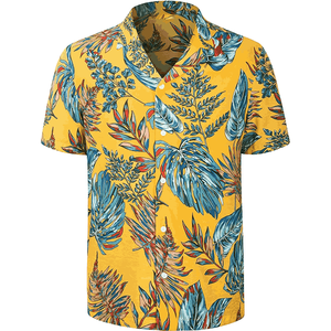 T-shirt imprimé hawaïen 100% coton pour hommes, tissu éponge en polyester durable, design à col montant unique, grande taille - Product Image 1