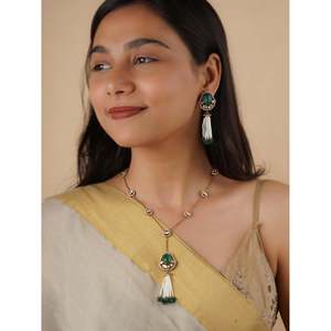 Ensemble de collier en faux polki plaqué or de couleur verte avec diamants et perles, bijoux fins PK-S138GR pour cadeau - Product Image 2