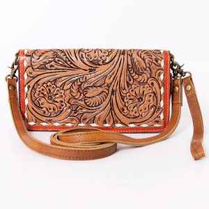 Handmade Vintage Style Antique Design Cowhide Leather Clutch <b>with</b> <b>Zip</b> Closure Adjustable Strap Card/Cash Slots - Product Image 1